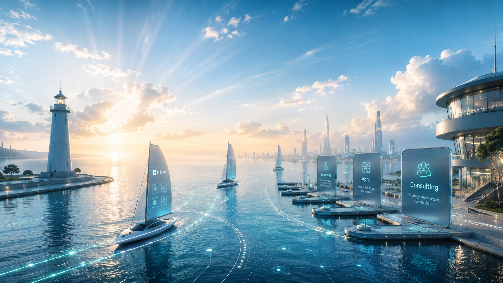 A bright digital harbor with connected paths, sailboats, and software service panels.